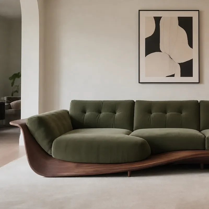 New Chinese Style Straight Solid Wood Sofa Dark Green Cotton Linen Fabric Living Room Furniture Wave Design Customizable