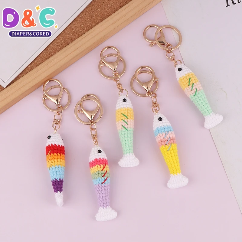 Wool Hook Knitted Rainbow Fish Keychain Hand-woven Key Ring Pendant Cute Small Fish Key Ring Creative Fish Hanging Decoration