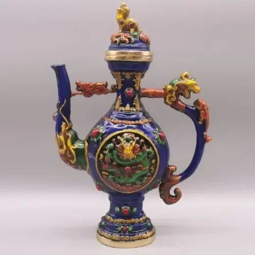 23cm Chinese Cloisonne Enamel Bronze Animal Dragon Wine Pot Flagon Teapot Statue