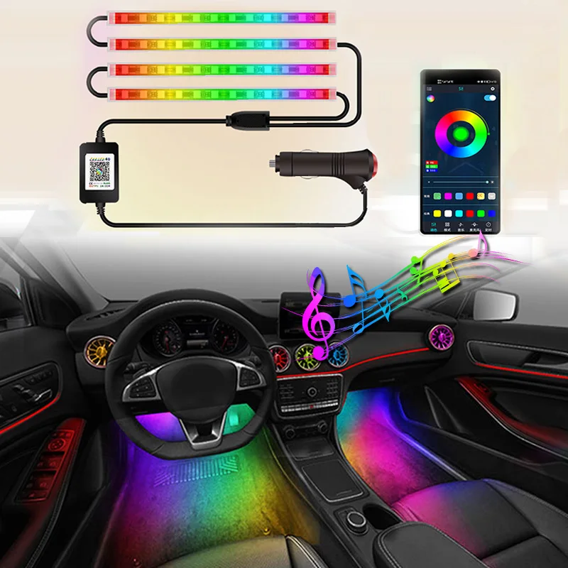 LED Car Interior Ambient Foot Light with USB Wireless Remote Music App Control Auto RGB Atmosphere Decorative Lamps