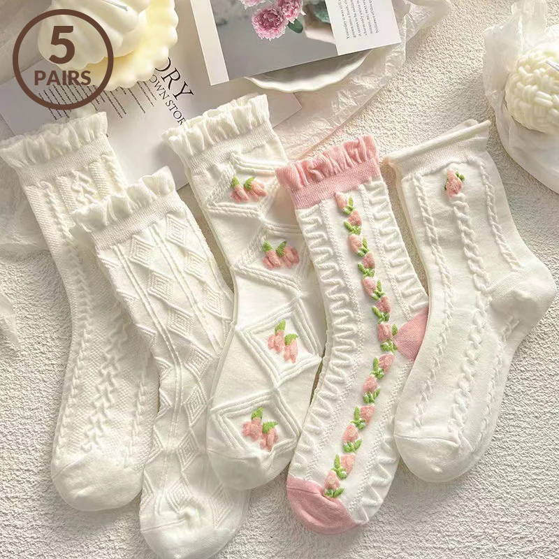 

5 пар женских носков, милые белые носки в стиле Харадзюку в стиле Лолиты, осенне-зимние мягкие универсальные модные носки для девочек