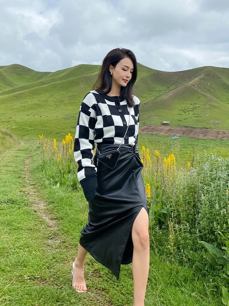 

ROEYWANG Vintage Knitted Wool Plaid Thi Long Sve Open Cardigan ort Coat Sweater Spring Autumn Korean Sle Straight Cut