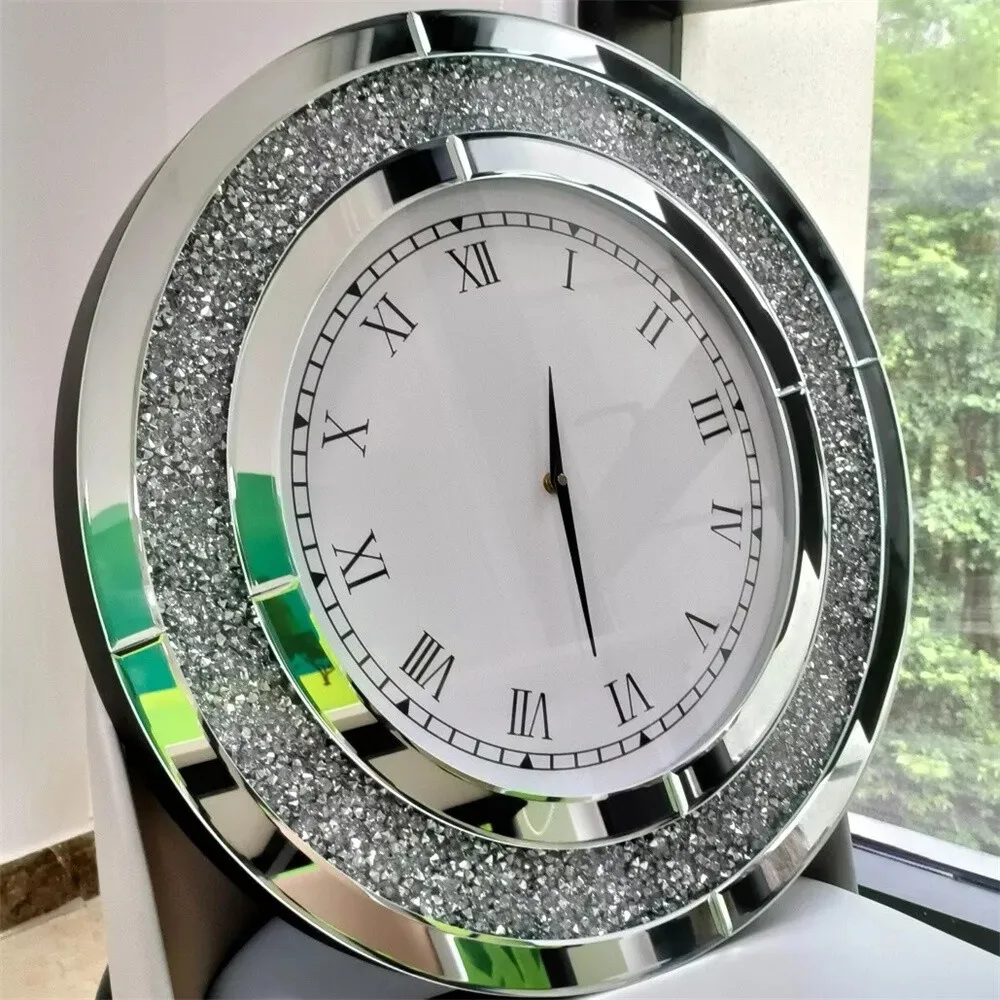 Large Wall Clock Silver Tawny Tinted Crushed Diamond Inlay Clock 60CM Round Decorative Mirrored Clock