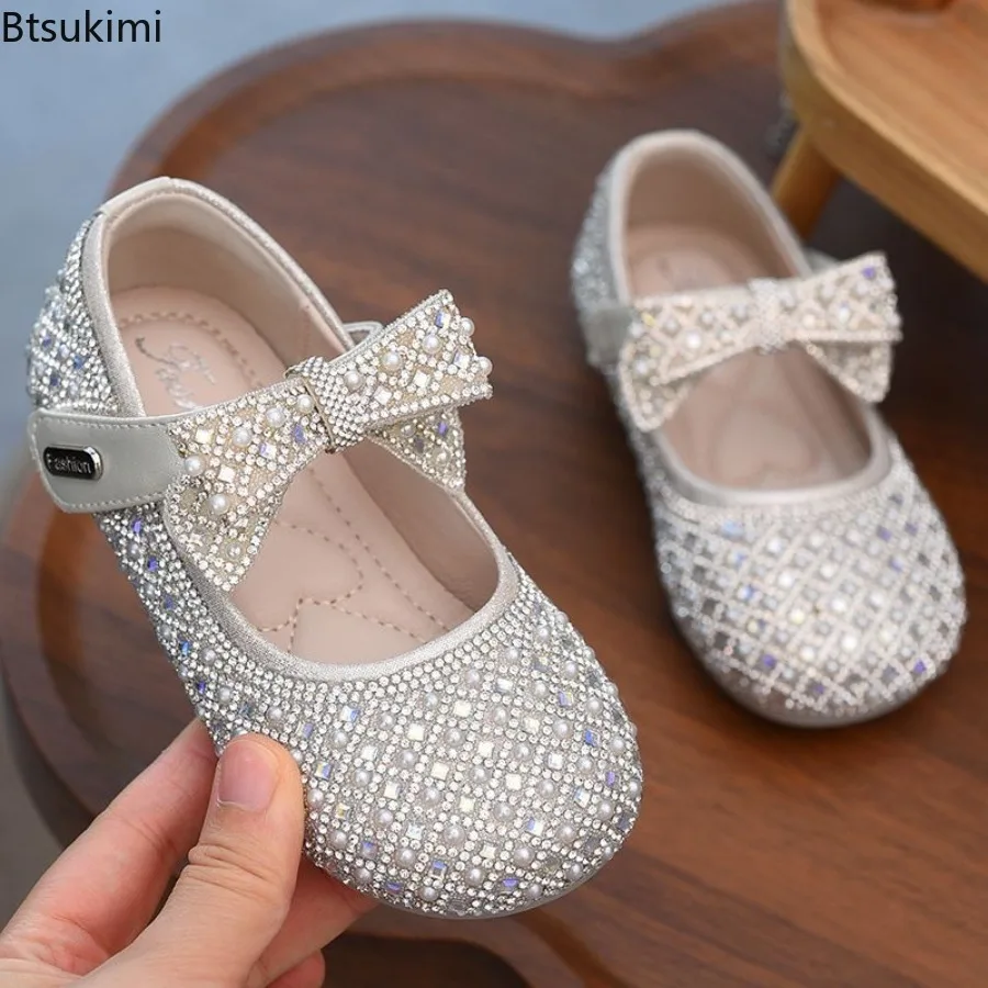 Girls' Rhinestone Small Leather Shoes New Item Sweet Bow Fashion Sequin Square Mouth Soft and Breathable Party Princess Shoes