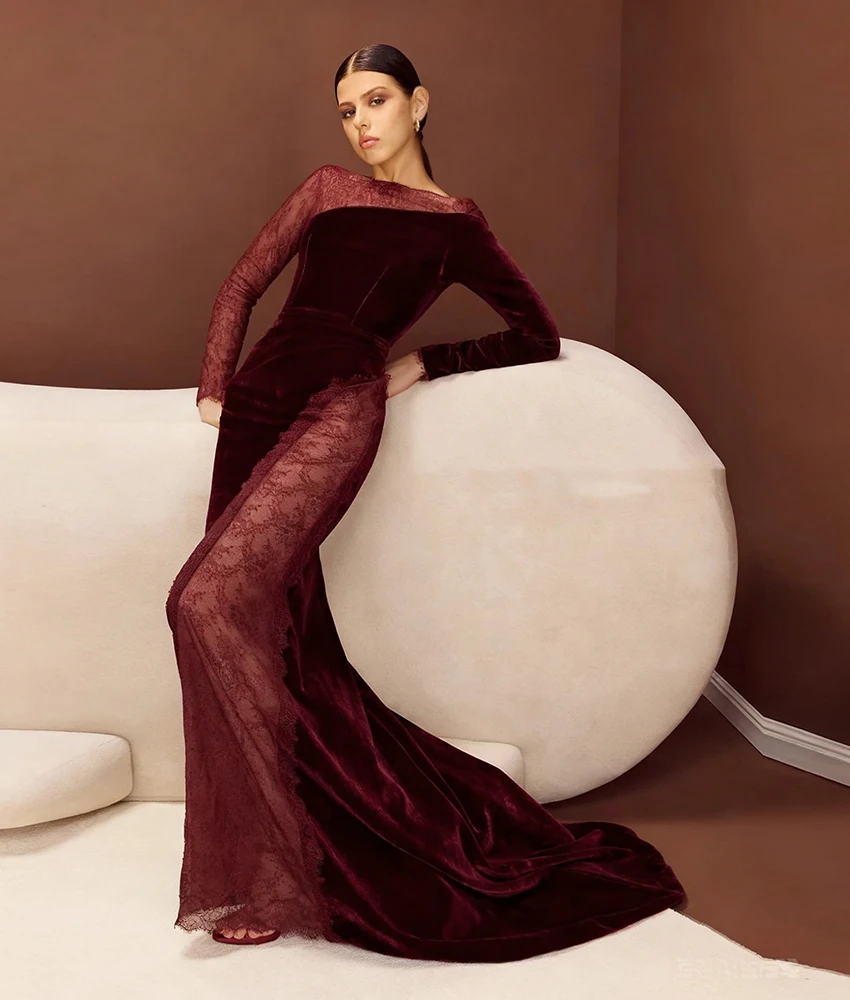 Сексуальное бархатное кружевное вечернее платье русалки по индивидуальному заказу, темпераментное вечернее платье с круглым вырезом и длинными рукавами длиной до пола, индивидуальный размер