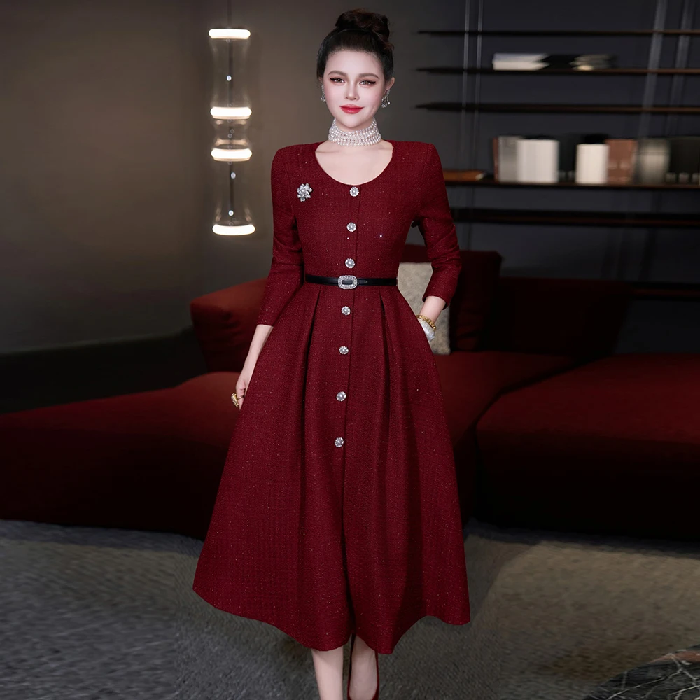 

ZJYT Autumn Winter New Fashion Women Tweed Woolen Dress Long Seeve Elegant Single Breasted Midi Christmas Party Dresses Red
