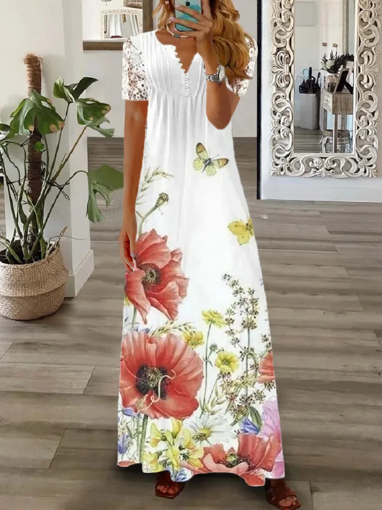 2024 Spring/Summer New Long Dress Elegant Bubble Sleeve Lace A-line Dresses Casual Printed Holiday Women\'s Pullover Vestidos