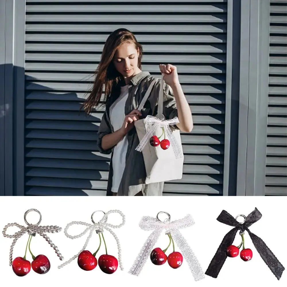 

Imitation Pearl Keychain Lace Bow Ribbon Bag Accessories Mobile Phone Pendant Hangings Ornament Cherry Pendant