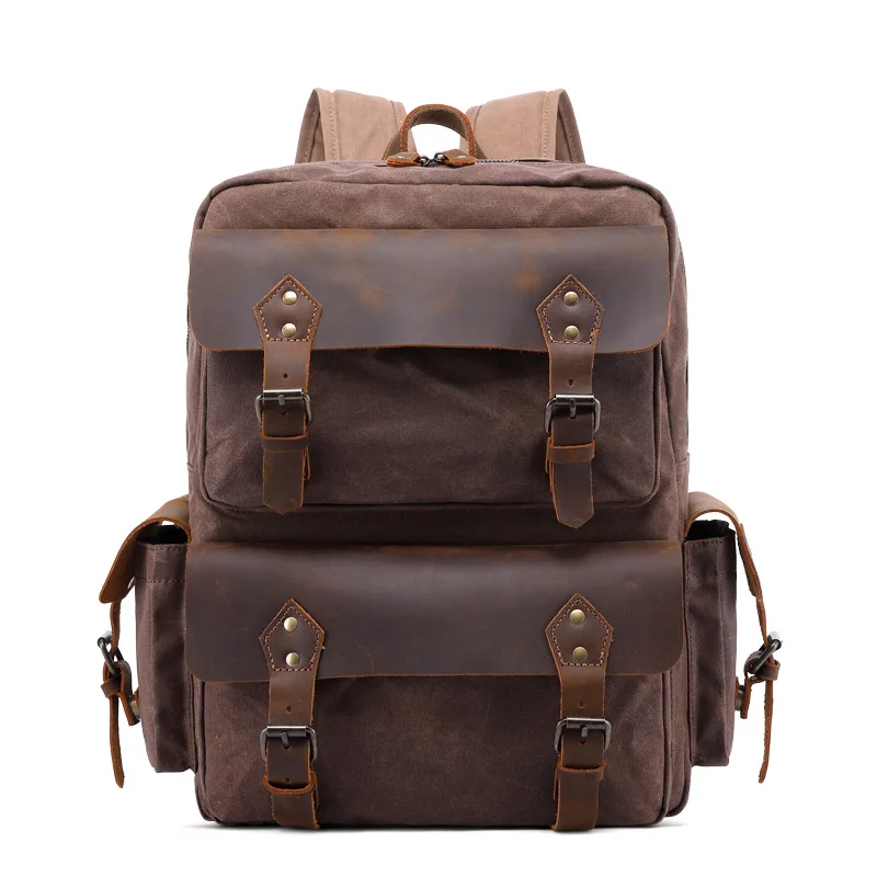 Waterproof Laptop Vintage Leather Bag Oil Wax Canvas Backpack Men's Trendy Retro Style School Bags For Teenagers Sac A Dos