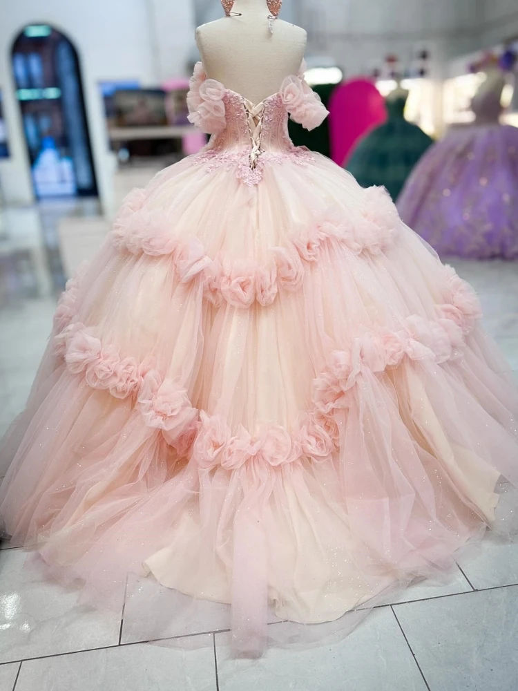 Real Picture Blush Pink Prom Dresses Ball Gown Off Shoulder Flower Applique Vestido De xv Anos Quinceanera Dress Dancing Wear