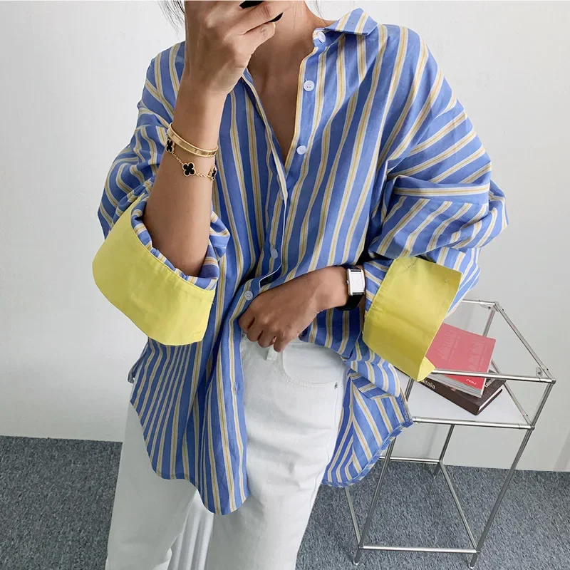 SuperAen Spring and Summer New Color Contrast Striped Shirt Women\'s Korean Loose Long Shirt Fashion Tops