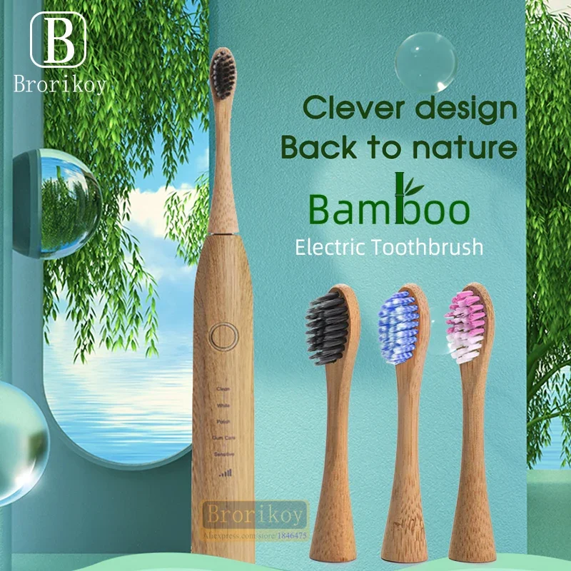 Bamboo Wood Material With 6 Brush Natural Environmental Friendly Teeth Clean Aldult Sonic Electric Toothbrush With 3 Soft Head