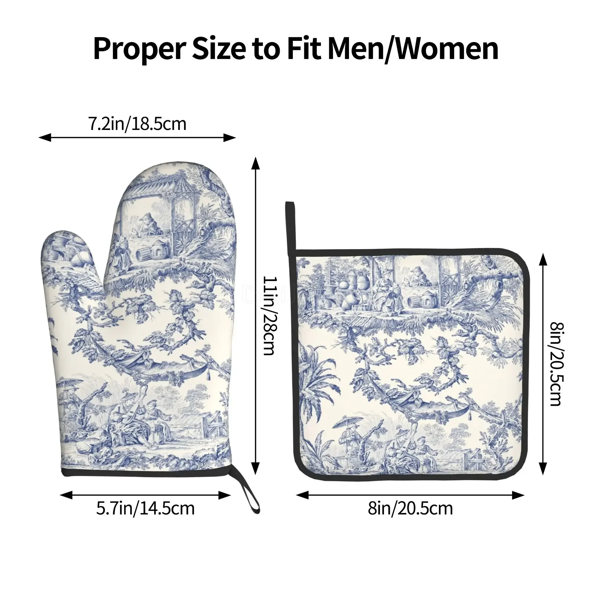 French Toile De Jouy Navy Blue Motif Heat Resistant Oven Mitts and Pot Holders Sets Oven Gloves for BBQ Cooking Baking Grilling