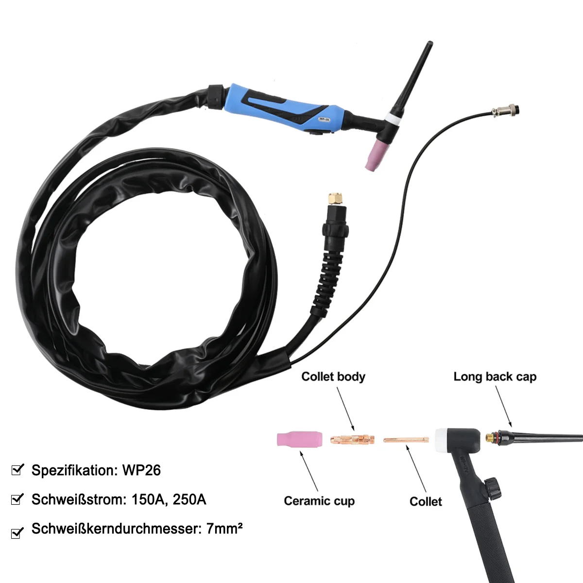 TIG-Schweißbrenner WP26 TIG-Pistole Argon-Schweißbrenner Luftgekühlter Brenner für 150A-250A TIG-Schweißmaschine mit 4 Meter TIG-Schlauch – Detail 2