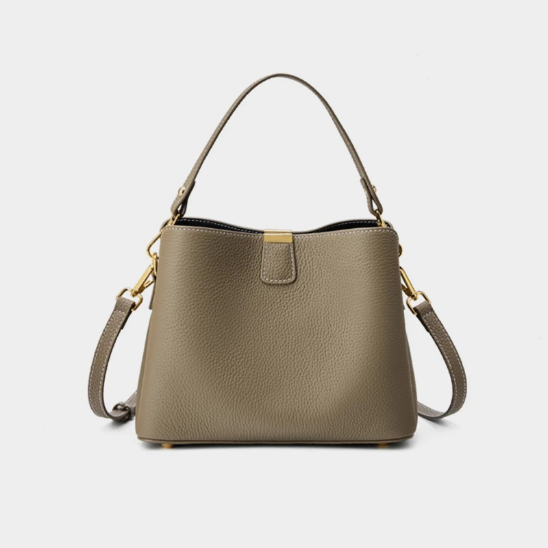 2026 Luxury 100% Cow Genuine Leather Bucket Shoulder Crossbody Bag for Women Wide Strap Tote Ladies Handbag Multi Compartment