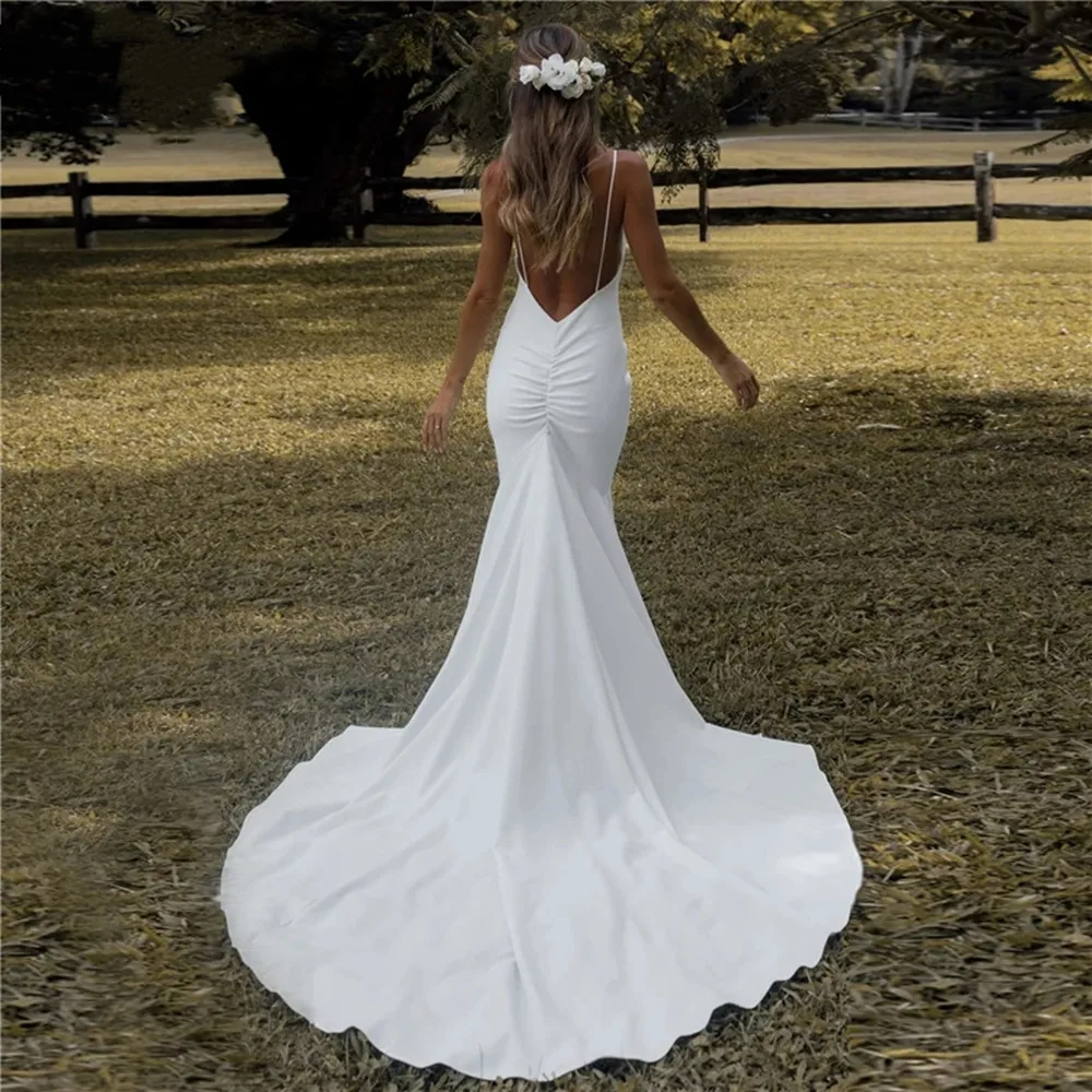 Simples boho sereia vestidos de casamento para as mulheres 2022 espaguete sem costas crepe vestidos de noiva praia civil robe de mariee personalizar