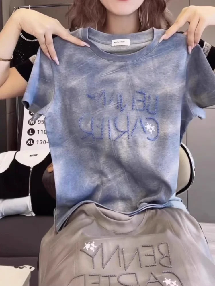 T-shirt Estiva Blu per Donna con Ricamo Glitterato, Top Tie-Dye Stile Coreano, Vestibilità Ampia con Collo Tondo