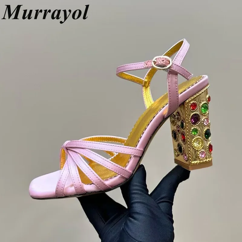 

Narrow Band Design Back Buckle Strap Sandalias Women Colorful Rhinestone Decor Thick Heel Sandals Summer Party Dress Shoes Pumps