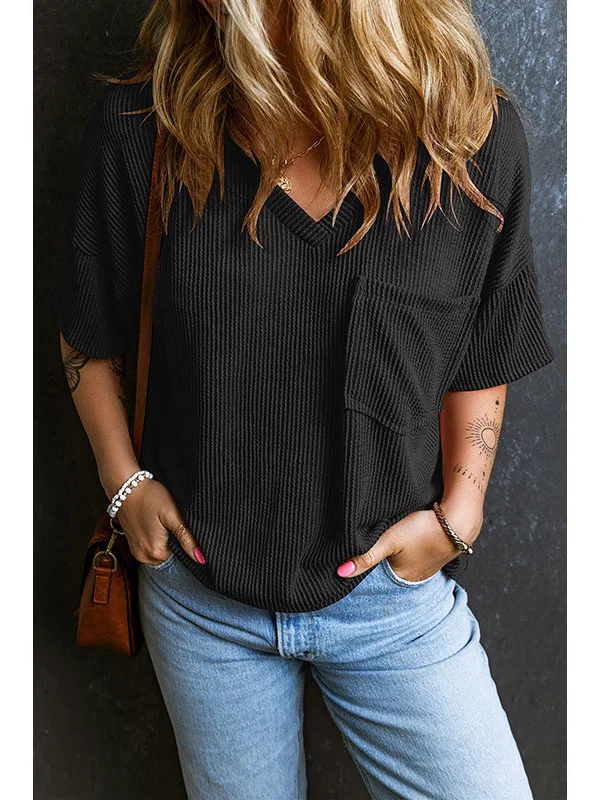 

Women's Teaded ort Sve T-irt Pullover Color V-ne Casual Loose Fit Summer Faion Ladies' Tee