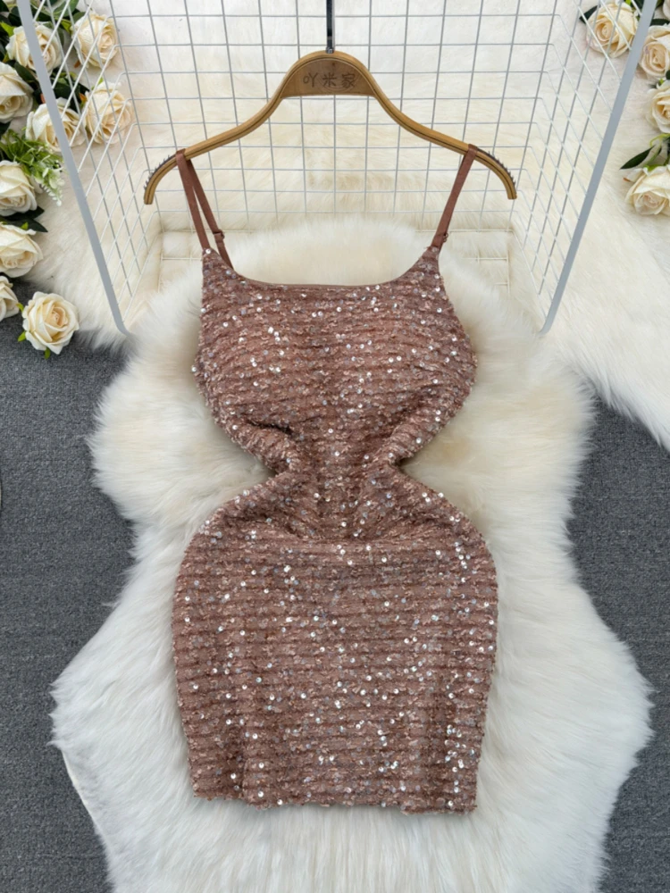 

Summer Sexy Party Dress for Women Fashion Hight Waist Sequin Suspender Dress Sparkling Evening Mini Dress