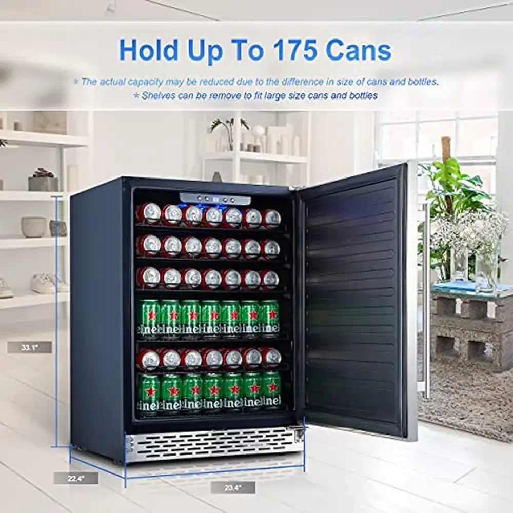 Indoor/Outdoor Beverage Refrigerator 175 Cans Built-in Stainless Steel Cooler Lockable Quiet Operation Easy Temperature Control