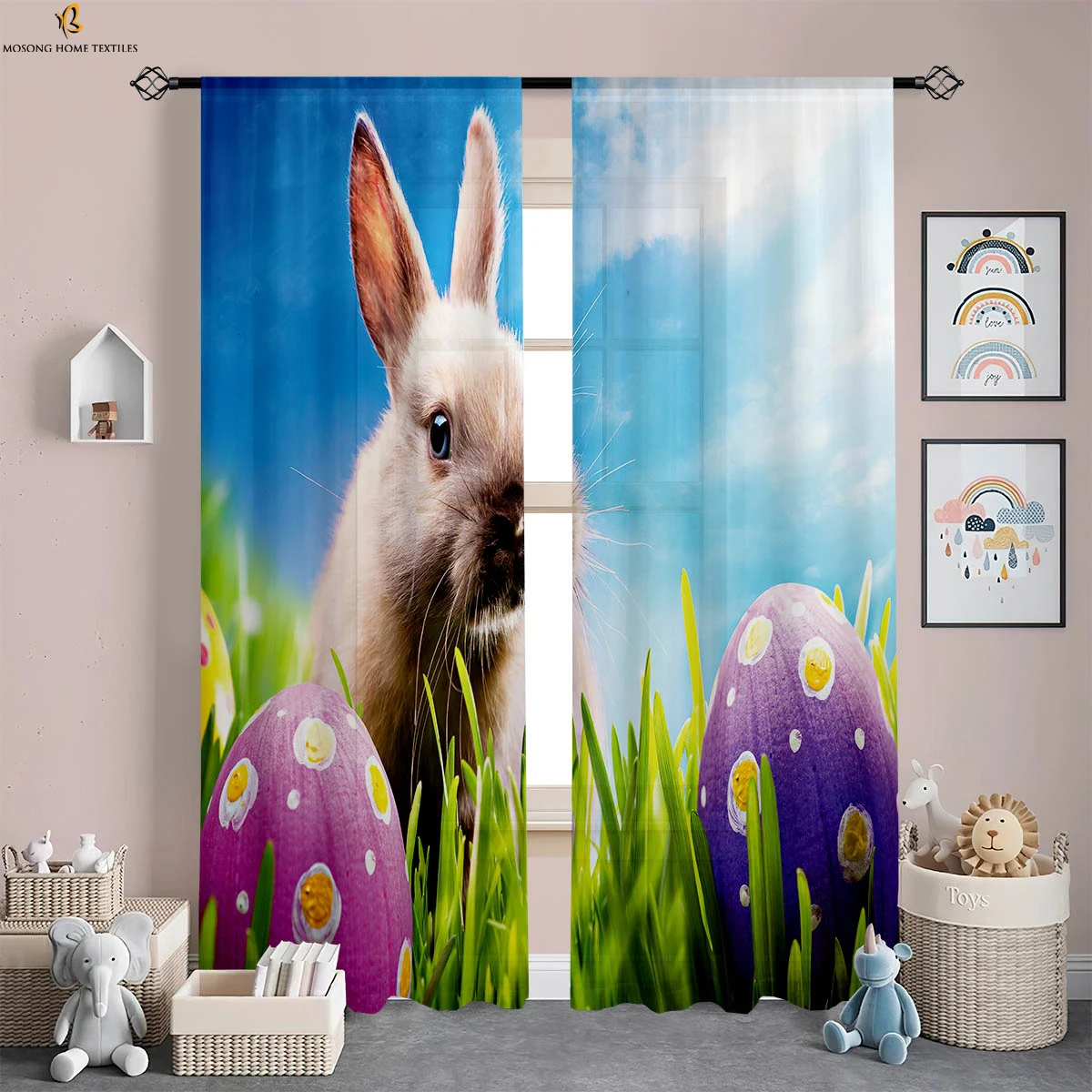 

2 Pieces Easter Egg Bunny Printed Curtains Bedroom Living Room Dining Room Holiday Decorative Curtains Kids Gifts