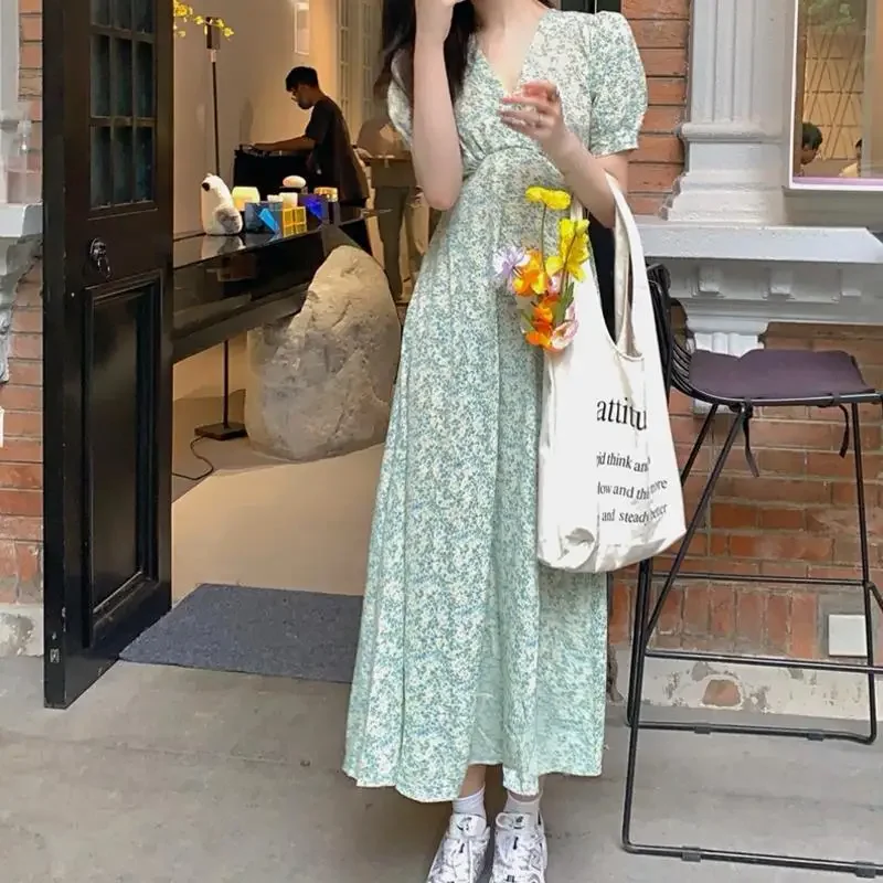 Sweet Dress Women Summer Floral Elegant Mid-calf Draped Trendy Leisure Empire Green Girls Female Comfort Ulzzang Vintage Loose