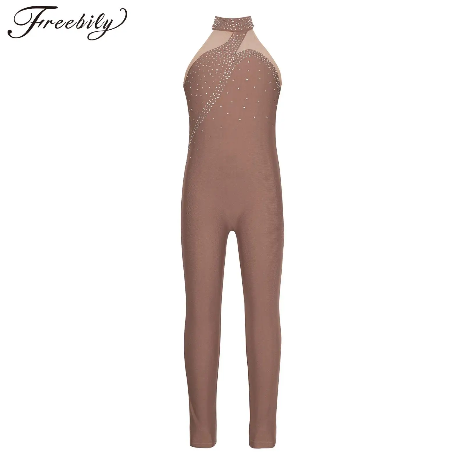 Kids Girls Sleeveless Figure Skating Bodysuit Gymnastics Ballet Dance Acrobatics Yoga Leotard Sheer Mesh Rhinestone Jumpsuit