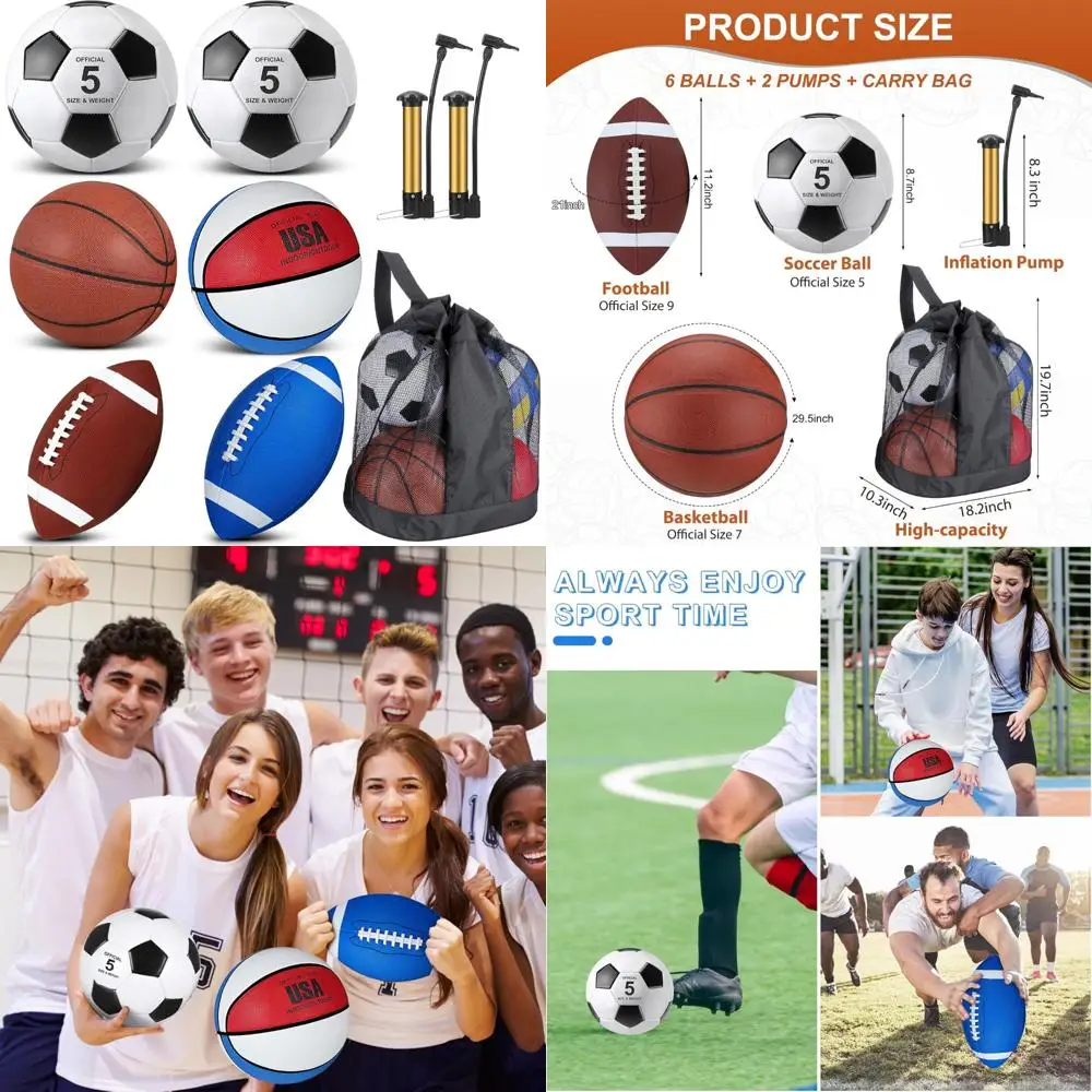 公式サイズのスポーツボールセット（ティーンエイジャーと大人向け）：6個入りのフットボール、サッカー、バスケットボール、ポンプとバッグ付き、ユーススポーツ用品