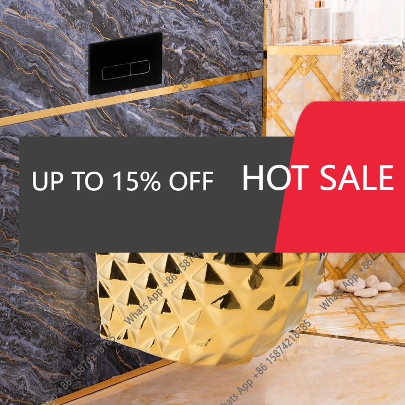 

A Wall-mounted Toilet, Gold Toilet, Ceramic Wall-mounted Toilet, Diamond Pattern Suspended Black Gold Wall Water Tank