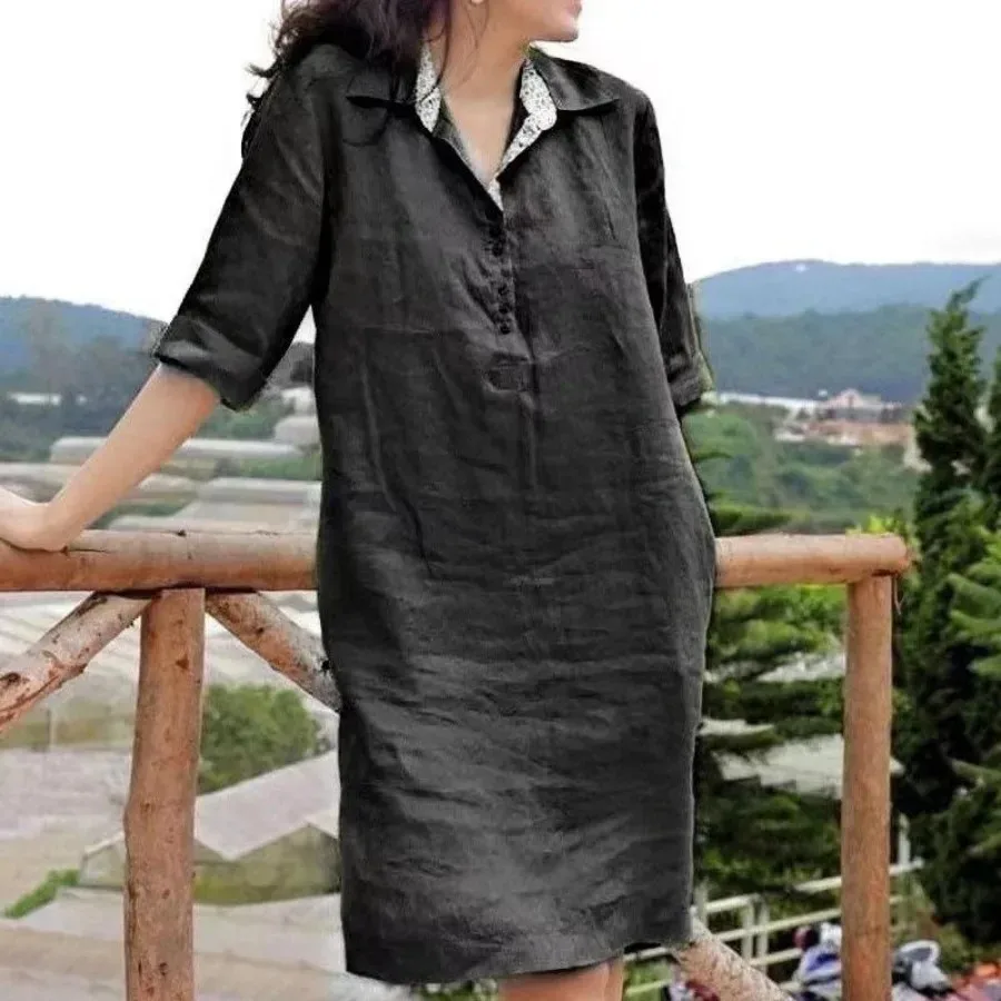 New 2024 Women\'s Casual Shirt Long Dress Oversized Lapel V-neck Buttons Neckline Half Sleeve Solid Dress Female Vestidos S-5XL