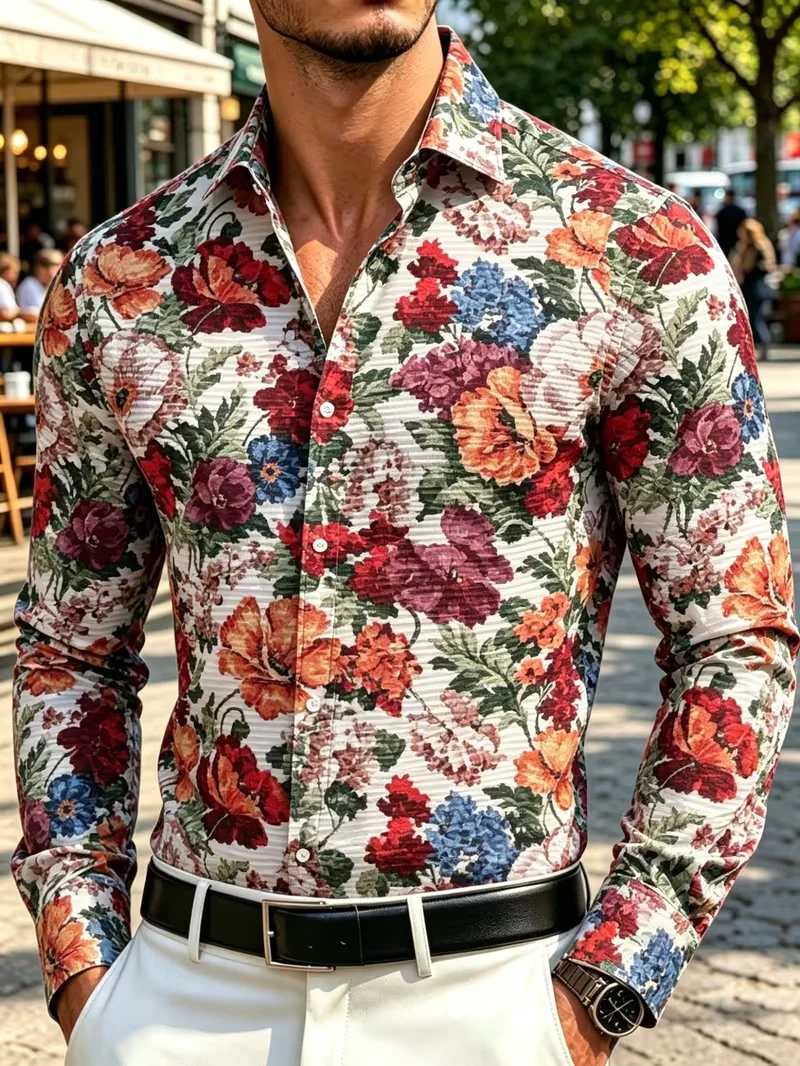 New poker card color vertical stripe printed shirt trendy contrasting color smooth slim fit men's long sleeved shirt