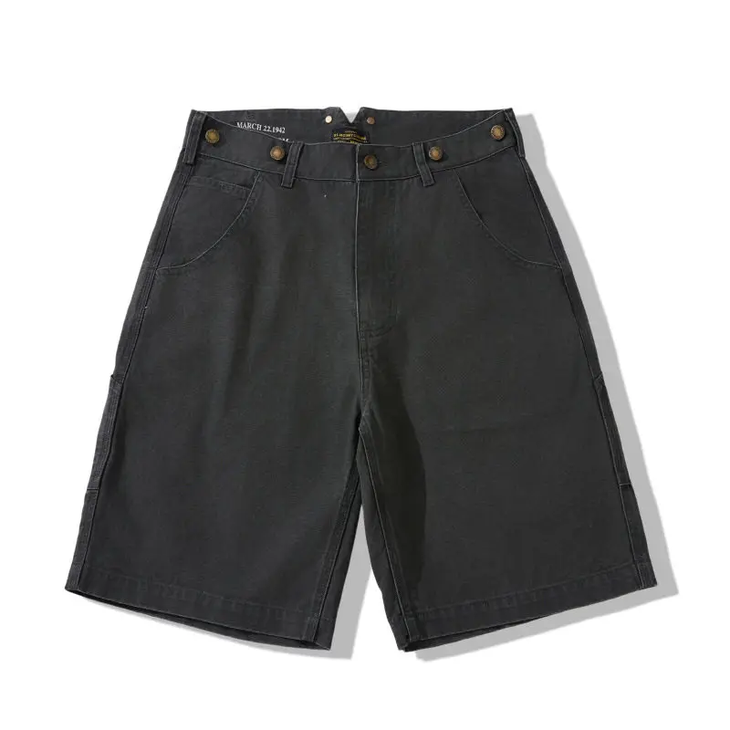 Summer Men's Canvas Suspenders Loose Fit Mid-Length Cargo Shorts American Vintage Casual Motorcycle & Railroad Multi-Pocket