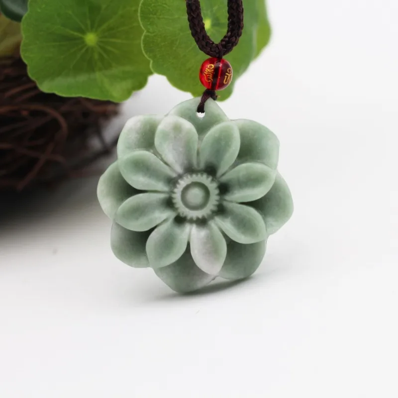 Chinese Natural White Green Jade Flower Pendant Necklace Hand-carved Fashion Charm Jewelry Stone Luxury Amulet Gifts for Women