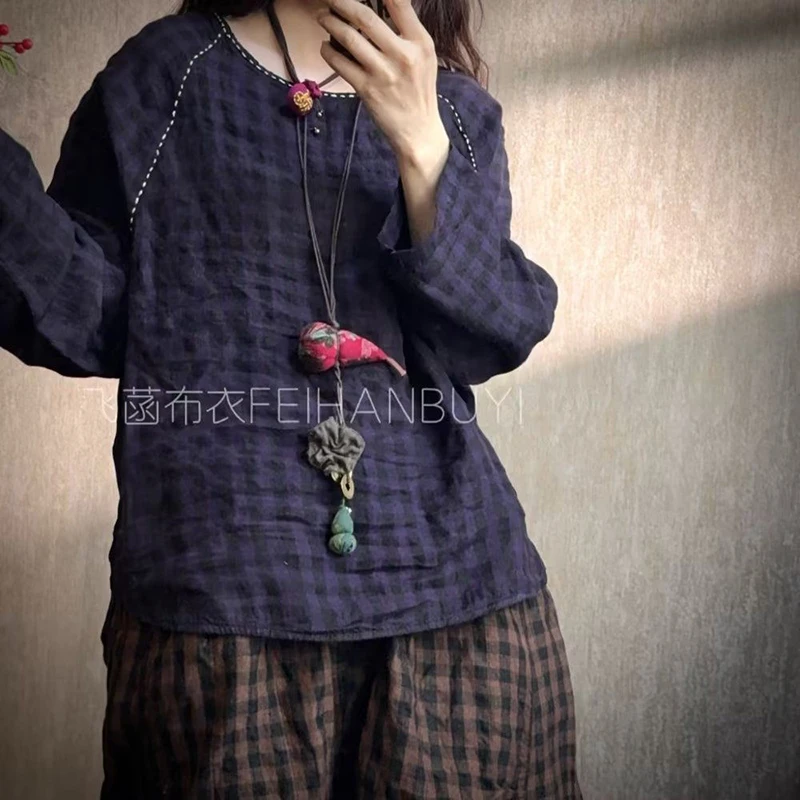 

Женские льняные футболки с длинным рукавом, новинка 2026 года, весенний винтажный стиль, в клетку, свободные повседневные топы M2278