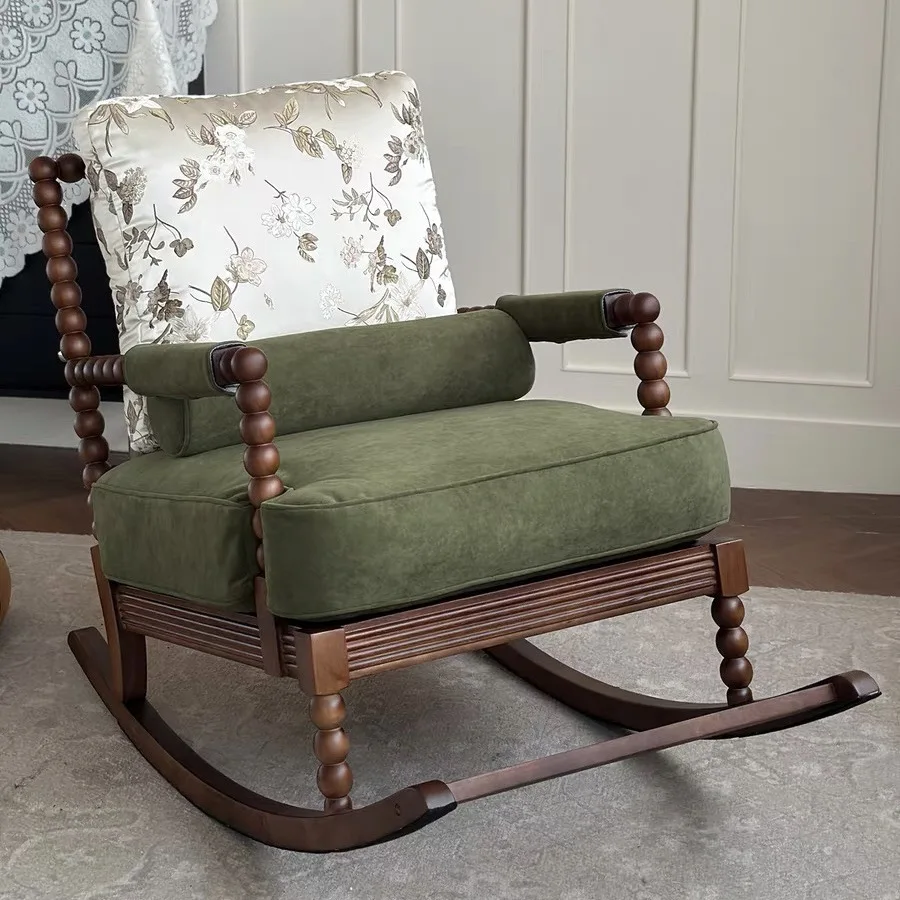 *& French-style Retro Rocking Reclining Solid Wood Single Seater Living Room Chair Home Furniture