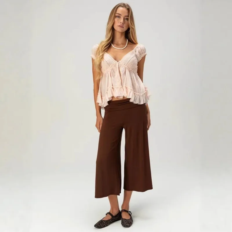 FL Women Fold Over Waist Gaucho Pants Low Rise Cropped Wide Leg Capri Pants Summer Foldover Culottes Yoga Pants Pajama Bottoms