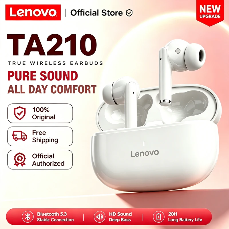 Lenovo TA210 – écouteurs sans fil Bluetooth 5.4 TWS, effets sonores panoramiques, autonomie ultra longue, confortables à porter