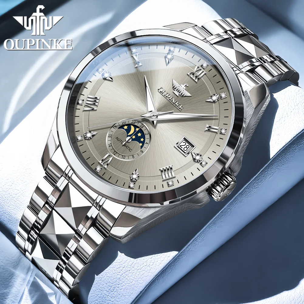 

OUPINKE Top Brand Watch Men Steel Business Moon Phase Waterproof 50m Watches Mens Luxury Sport Automatic Mechanical Watch