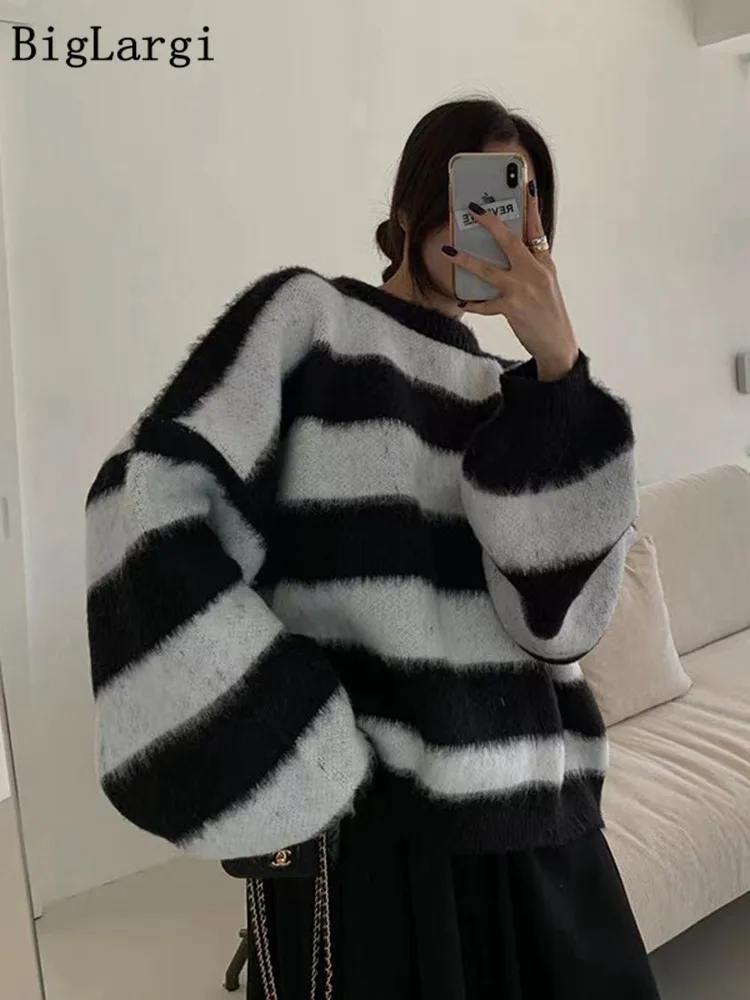 Puff Sleeve Knitted Sweater Women Korean Striped Vintage Pullover Ladies Tops Women\'s Clothing Round Neck Autumn Winter Jumper