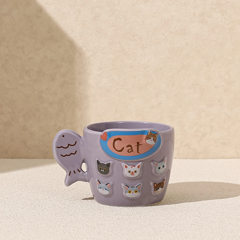 Cute Cat Decor Purple Ceramic Mug Fish Shaped Handle 3D Cat Faces Coffee Tea Cup Home Kitchen Afternoon Tea Daily Drinkware