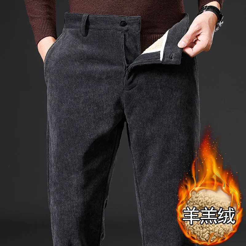 

Зимние мужские брюки на флисовой подкладке, прямые свободные утолщенные теплые брюки из овечьей шерсти с высокой талией