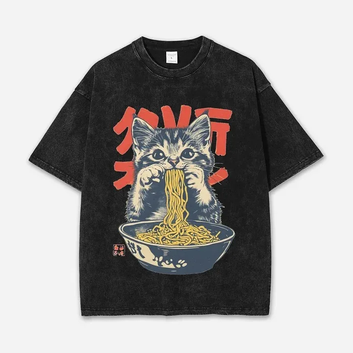 

Vintage Japanese Cat Art Acid Washed T-shirt Fashion Short Sleeve Round Neck Chic Tees 2025 Summer Heavy Weight 240g Tunics