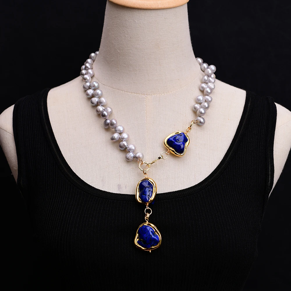 G-G 20'' Freshwater Cultured Grey Pearl Necklace Gold Plated Edge Blue Turquoise Pendant  For Lady