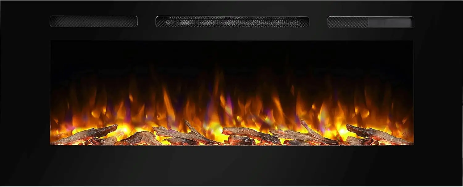 50 Inches Recessed Electric Fireplace, Flush Mounted for 2 X 6 Stud, Log Set & Crystal, 1500W Heater, Remote Control, Black