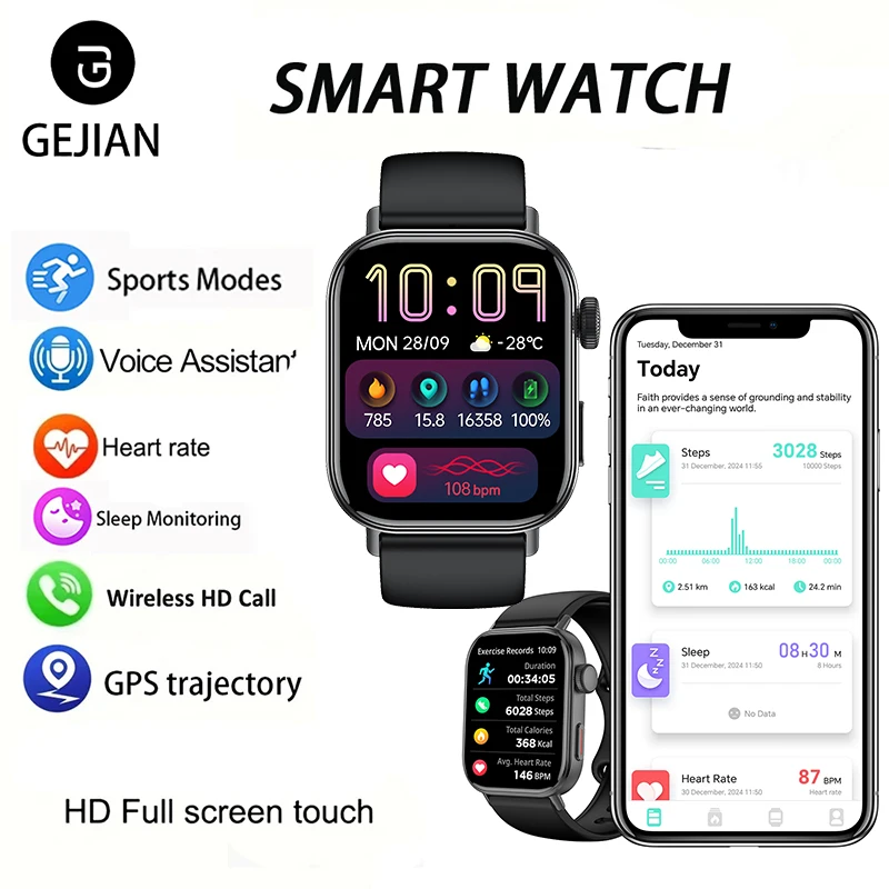 

Новый 1,75-дюймовый TFT-экран высокой четкости, мониторинг сердечного ритма и здоровья, несколько режимов упражнений, универсальные часы для Android iOS