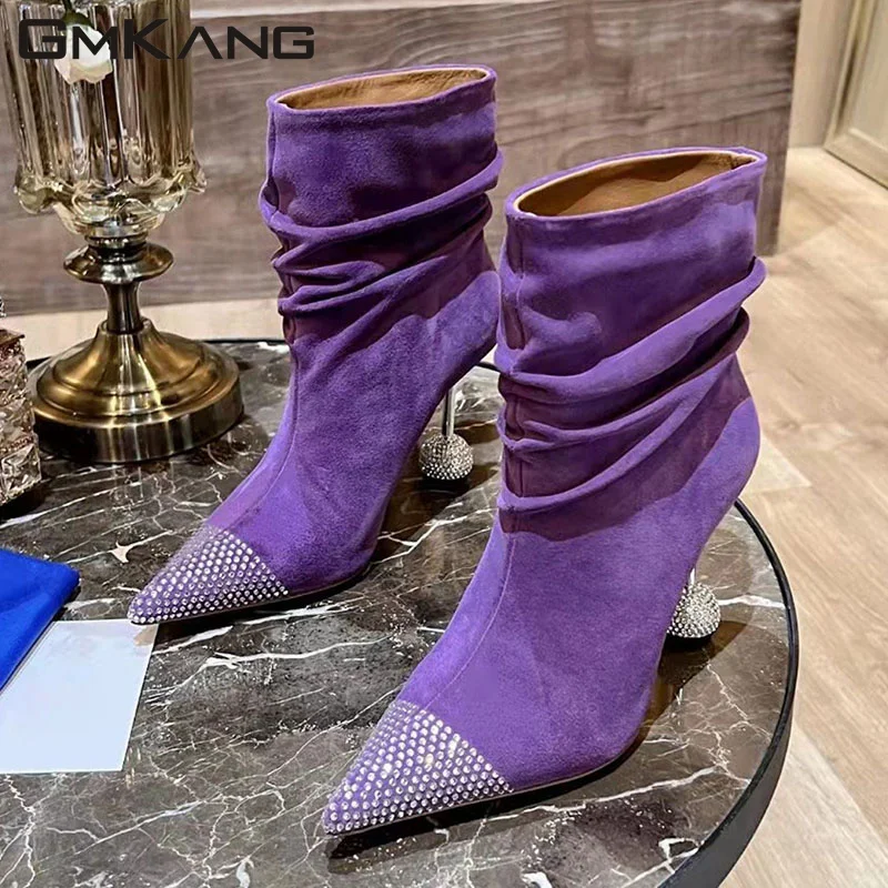 

Rhinestone Strange Style Heel Short Boots Woman Cow Suede Pleated Booties Female Party Shoes High Heels Ankle Boots Women