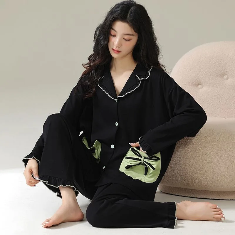 2024 New Female Pajamas Spring Autumn Women Casual Cardigan Long Sleeve Loose Cotton Sleepwear Set Simple Sweet Home Wear Suit