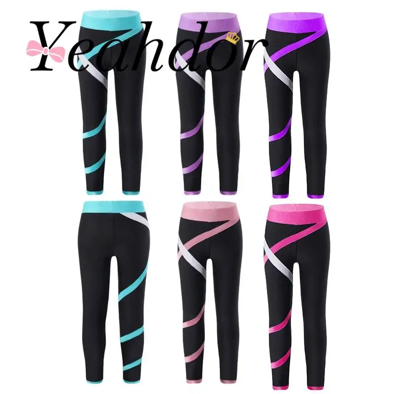 Children Ice Skating Legging Pencil Pants Kids Leggings for Girls Colorblock Sweatpants Yoga Pants Dance Sports Tights Trousers