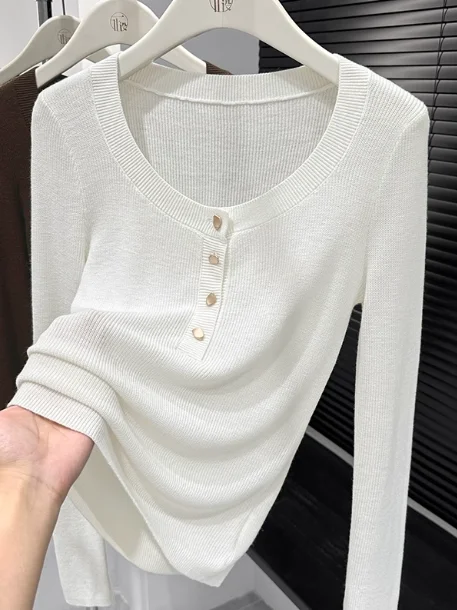

plus Size Women's Knitwear Long Sve round Ne Button up Slim Fit Base Layer irt Inner Wear Top Korean Sle Commute Wind